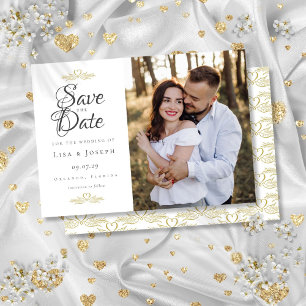 Elegant Script Photo Gold Heart Save the Date Invitation