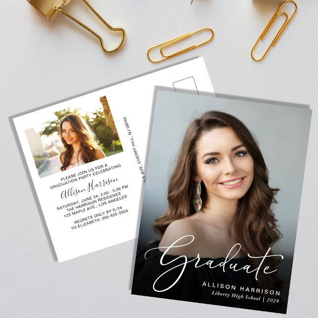 Elegant Script Photo Graduation Party Invitation Postcard (An elegant photo graduation party invitation postcard to celebrate the graduate's achievements)