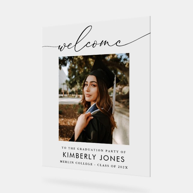 Elegant script photo graduation party welcome acrylic sign (Angle)