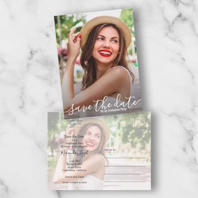 Elegant Script Photo Graduation Save the Date Postcard (Creator Uploaded)