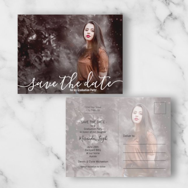 Elegant Script Photo Graduation Save the Date Postcard (Creator Uploaded)