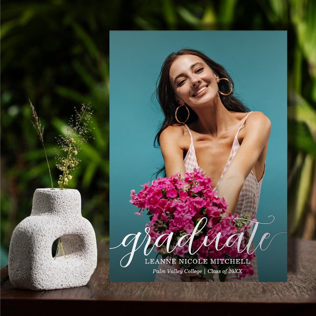 Elegant Script Photo Graduation Silver (Elegant script graduation REAL silver foil party invitations with your party details on the back)