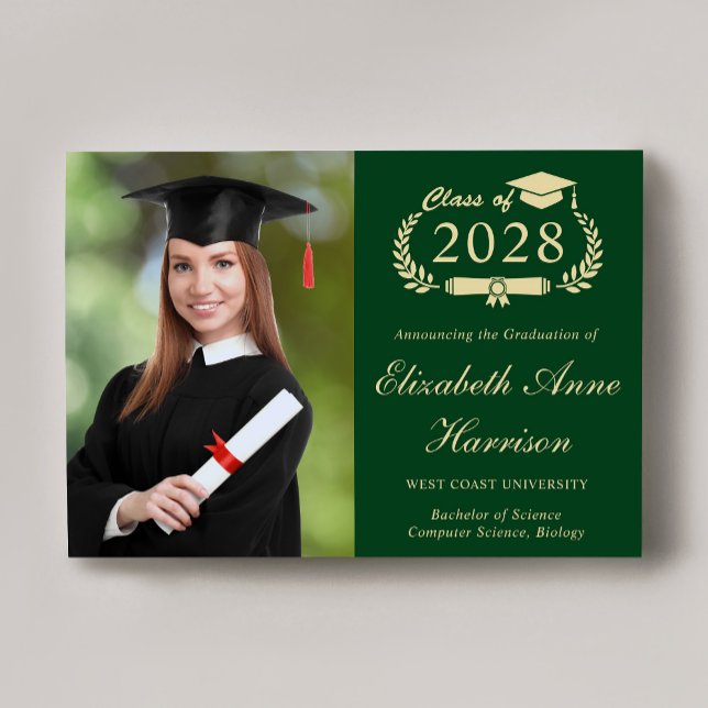 Elegant Script Photo Green College Graduation Announcement (An elegant college graduation announcement to celebrate the graduate's achievements)