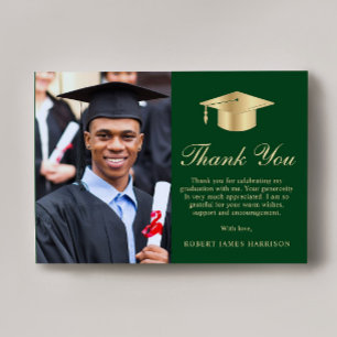 Elegant Script Photo Green Gold Graduation Thank You Card