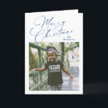 Elegant Script Photo Merry Christmas Holiday Card<br><div class="desc">Modern photo Christmas card featuring a simple and minimal design with "Merry Christmas" in an elegant navy blue script along with your family name above your favourite square picture.  The inside has a photo collage consisting of three vertical pictures along with your personalised message.</div>