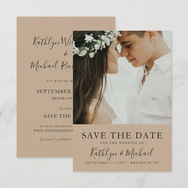 Elegant Script Photo Modern Minimalist Wedding Save The Date (Front/Back)