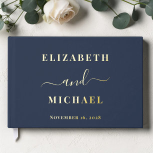 Elegant Script Photo Navy Blue Wedding Guest Book