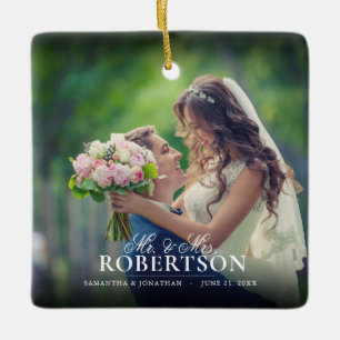 Elegant Script Photo Newlywed Christmas Ceramic Ornament