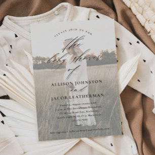 Elegant Script Photo Overlay Couples Baby Shower Invitation