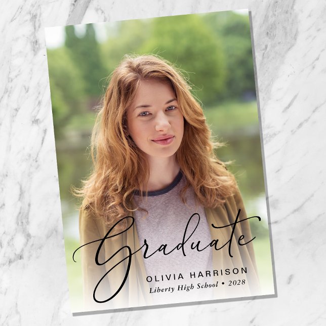 Elegant Script Photo Overlay Graduation Announcement (An elegant photo graduation announcement to celebrate the graduate's achievements)