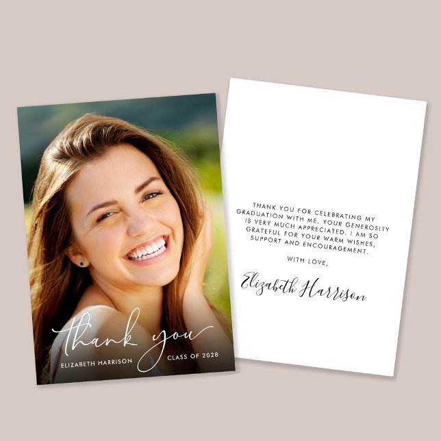 Elegant Script Photo Overlay Graduation Thank You Card (Creator Uploaded)