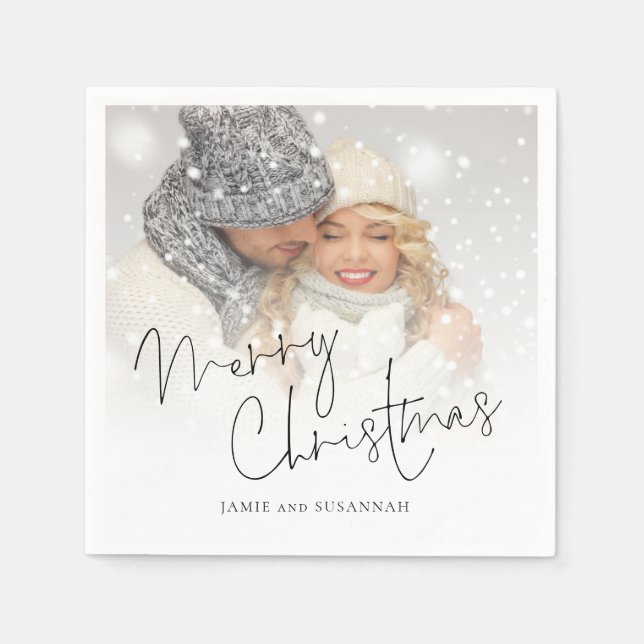 Elegant Script Photo Overlay Names Merry Christmas Napkin (Front)