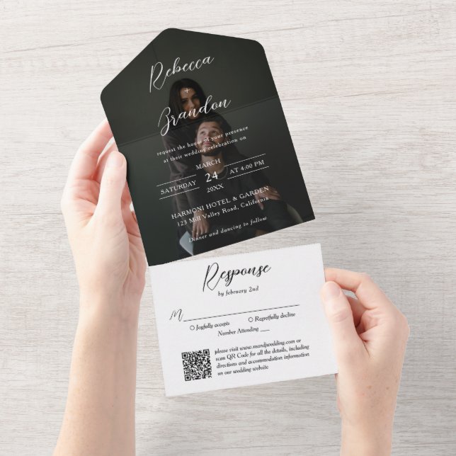Elegant Script Photo Overlay QR code Wedding All In One Invitation (Tearaway)