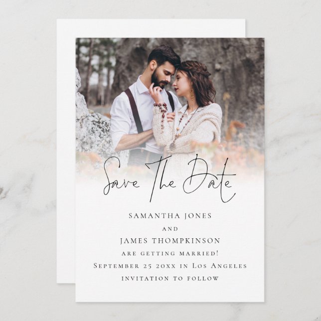 Elegant Script Photo Overlay QR Code Wedding Save The Date (Front/Back)