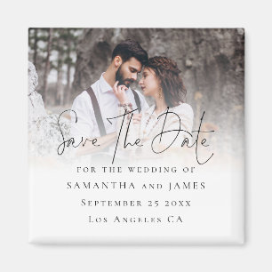 Elegant Script Photo Overlay Wedding Save The Date Magnet