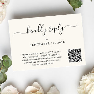 Elegant Script Photo QR Code Cream Wedding RSVP Card