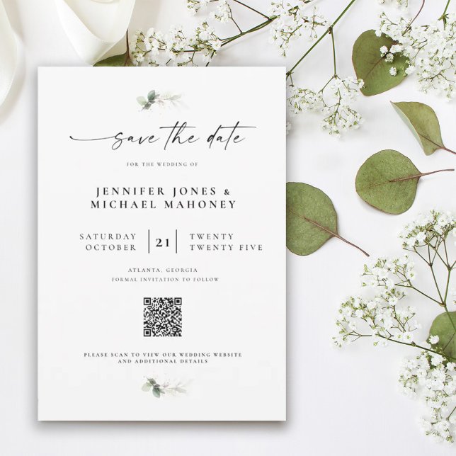 Elegant Script Photo QR Code Eucalyptus Wedding Save The Date (Creator Uploaded)