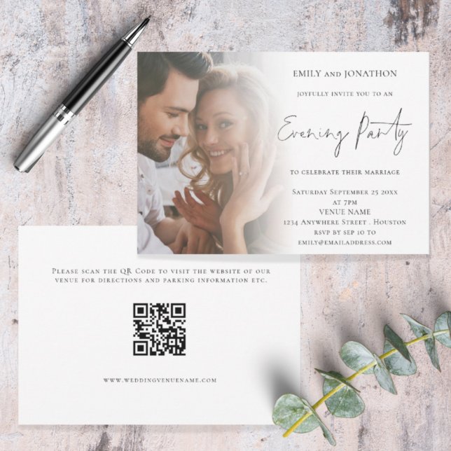 Elegant Script Photo QR Code Wedding Evening Invitation (Front and back view. Available digitally or printed. Part of a large matching wedding suite)