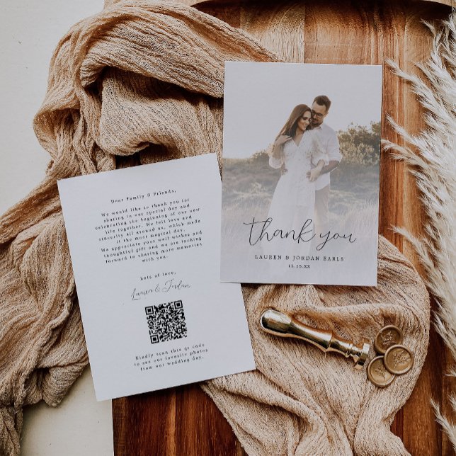 Elegant Script Photo Qr Code Wedding Thank You Card (Creator Uploaded)