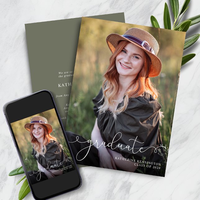 Elegant Script Photo Sage Green Graduation Announcement (Elegant Script Photo Sage Green Graduation Announcement with Instant Download)