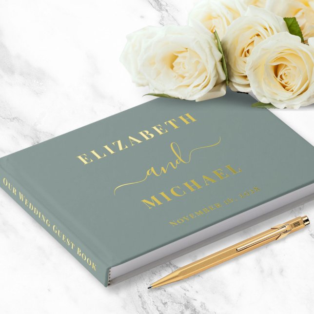 Elegant Script Photo Sage Green Wedding Guest Book (Creator Uploaded)
