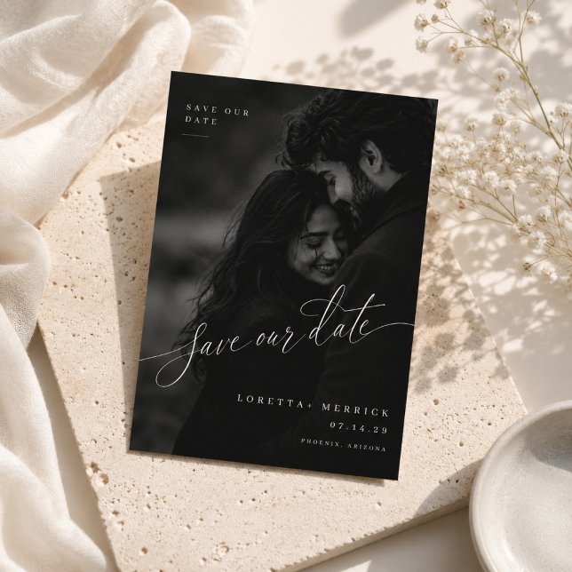 Elegant Script Photo Save The Date Card. (Creator Uploaded)