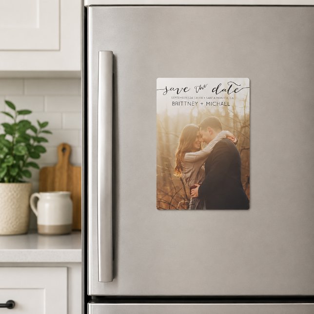 Elegant Script Photo Save the Date Magnetic Invitation (Elegant save the date magnet featuring modern handwritten script typography paired with a full photo)