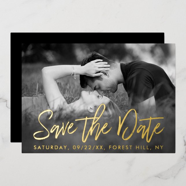 Elegant Script Photo Save The Date Real Foil (Front/Back)