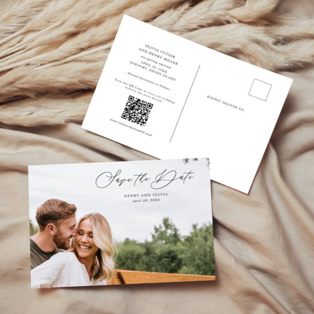 Elegant Script Photo Save the Date w/QR Code Announcement Postcard (Creator Uploaded)