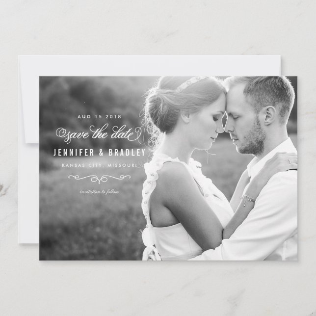Elegant Script Photo Save the Date - White (Front)