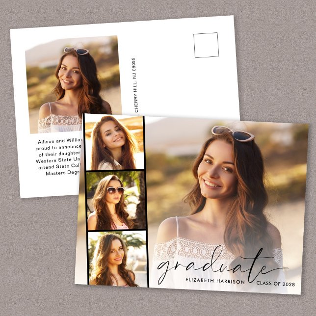 Elegant Script Photo Strip Graduation Announcement Postcard (Creator Uploaded)