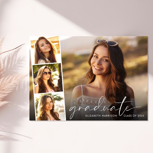 Elegant Script Photo Strip Graduation Party Invitation (An elegant photo collage graduation party invitation to celebrate the graduate's achievements)