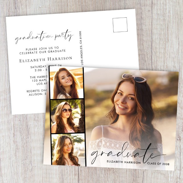 Elegant Script Photo Strip Graduation Party Invitation Postcard (Elegant Script Photo Graduation Party Invitation Postcard)