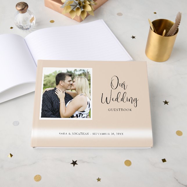 Elegant Script Photo Tan Wedding Guest Book (Front Open)