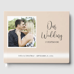 Elegant Script Photo Tan Wedding Guest Book