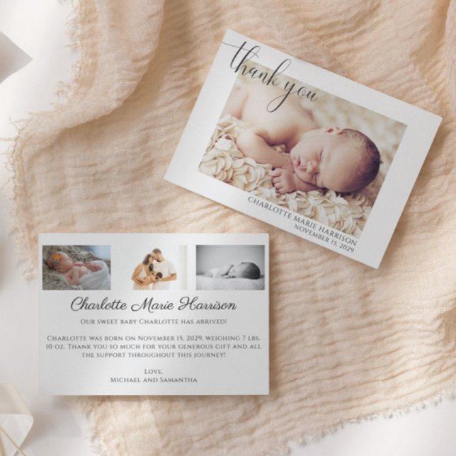 Elegant Script Photo Thank You Birth Announcement (Creator Uploaded)