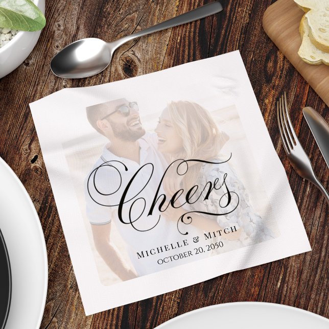 Elegant Script Photo Wedding Cheers Custom Napkin (Black and white minimalist photo "cheers" napkin. with photo overlay)