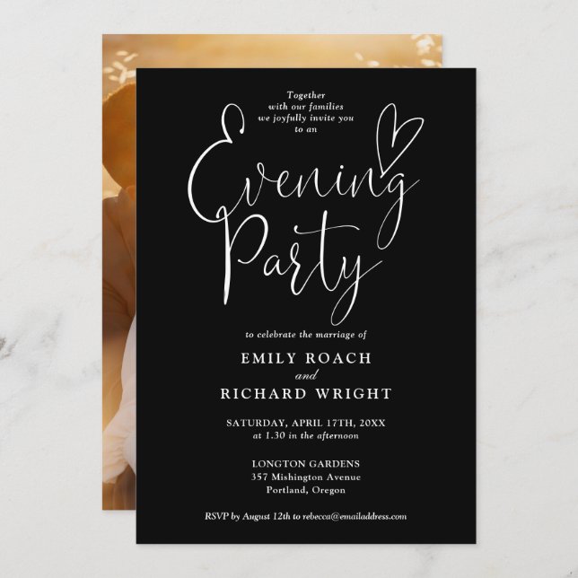 Elegant Script Photo Wedding Evening Party Invitation (Front/Back)