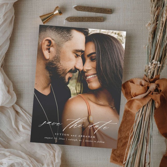 Elegant Script Photo Wedding Save The Date (Simple modern script photo wedding save the date announcement card.)