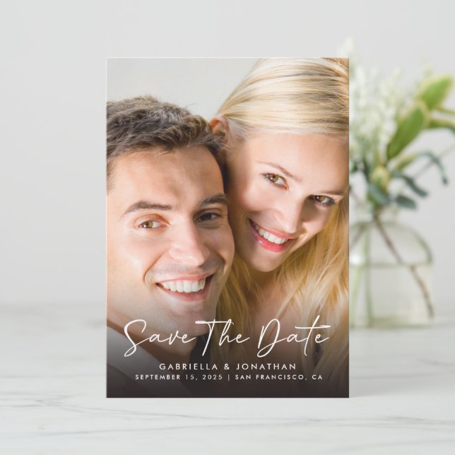 Elegant Script Photo Wedding Save The Date (Standing Front)