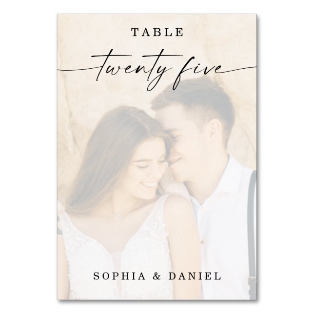 Elegant Script Photo Wedding Table Number 25 (Front)