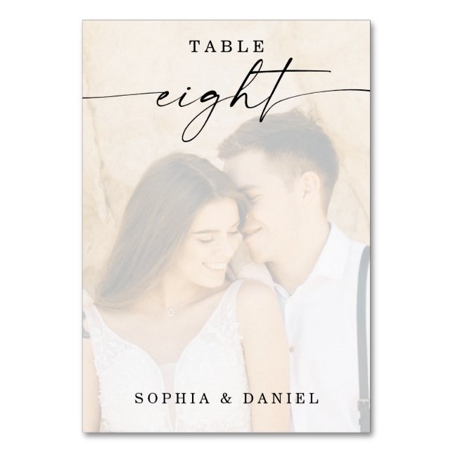 Elegant Script Photo Wedding Table Number Eight (Front)