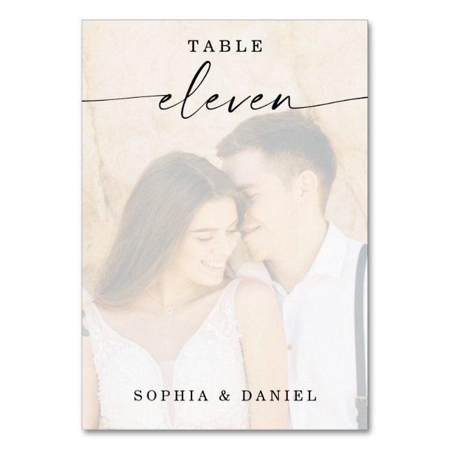 Elegant Script Photo Wedding Table Number Eleven (Front)