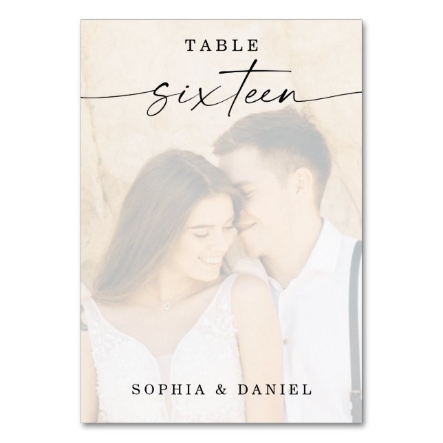 Elegant Script Photo Wedding Table Number Sixteen (Front)
