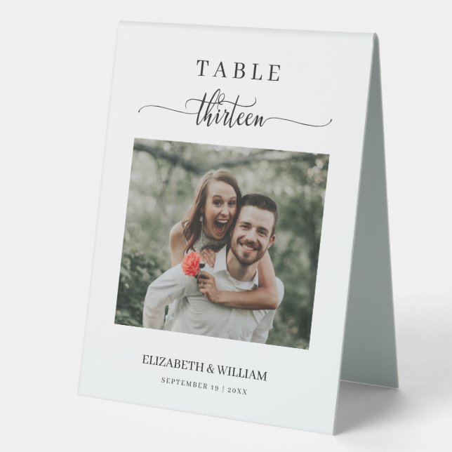 Elegant Script Photo Wedding Table Number Thirteen (Front)