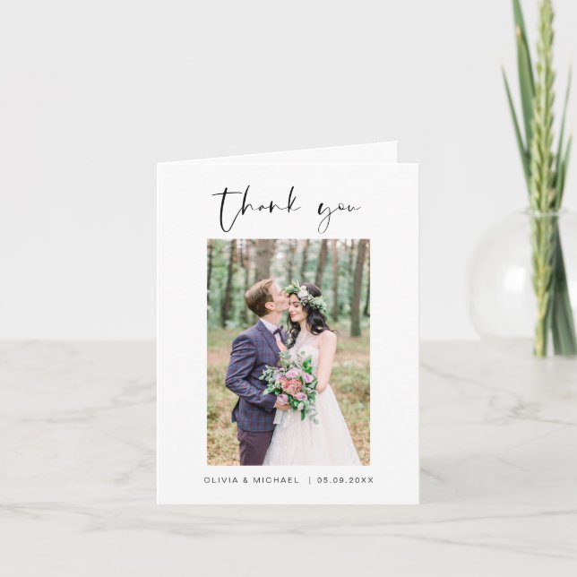 Elegant Script Photo Wedding Thank You Card (Front)