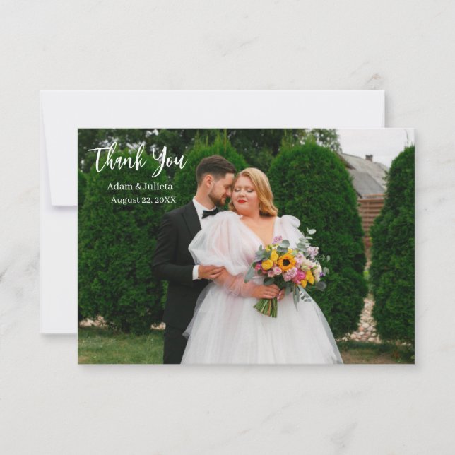 Elegant Script Photo Wedding Thank You Card (Front)