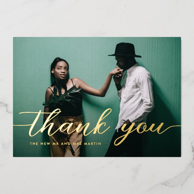 Elegant Script Photo Wedding Thank You Foil Holiday Card (Front)