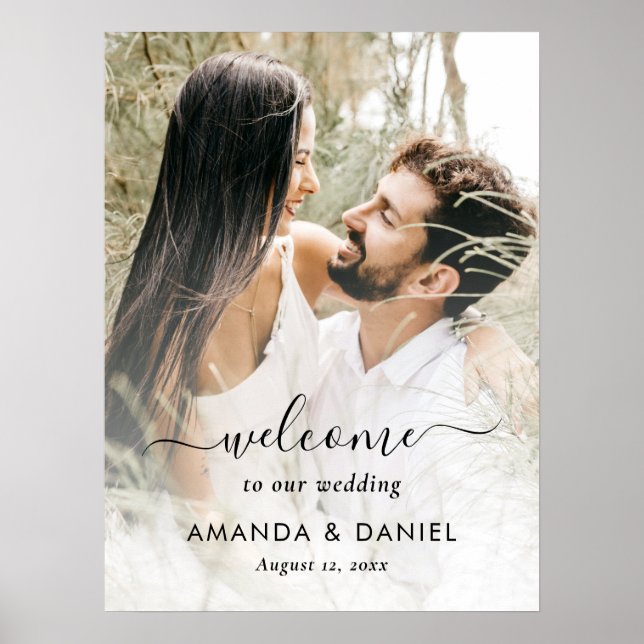 Elegant Script Photo Wedding Welcome Sign (Front)