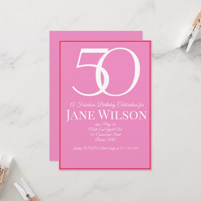 Elegant Script Pink 50th Birthday Party  Invitation (Front/Back In Situ)